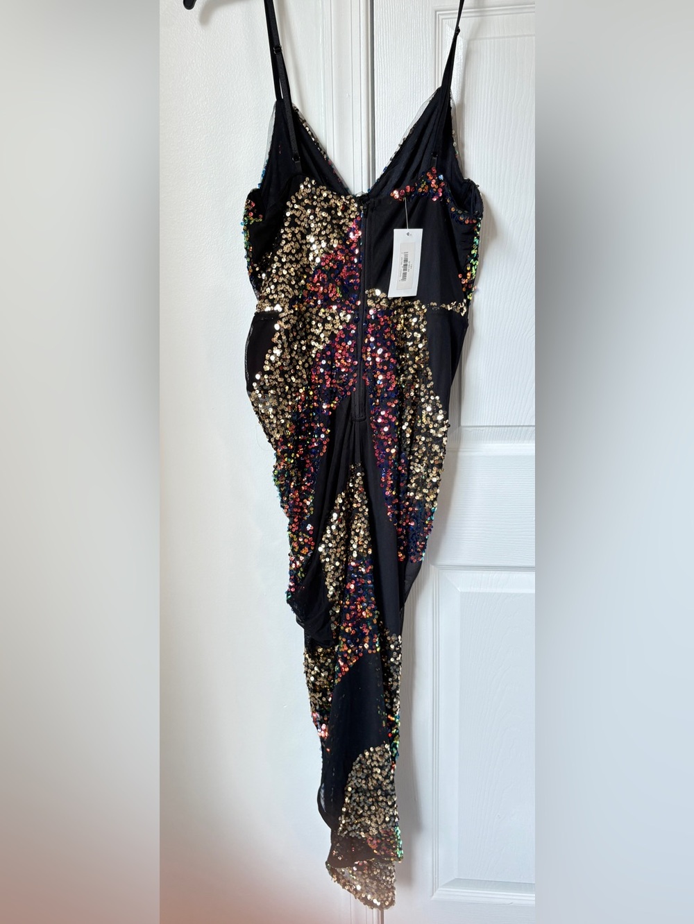 Black Sequin Spaghetti Strap Dress with Gold and Iridescent Sequins